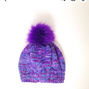 Hand Knit Beanie Style Hat, Purple and Blue, Purple Faux Fur Pom, Artisan Yarn